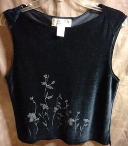 VTG Norton Studio Metallic-Embroidered Black Polyester Spandex Velour Blouse L - Picture 1 of 3