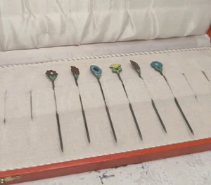 Set Of 6 Vintage MEKA Sterling Silver Danish Enameled Flower Cocktail Picks Pins - Picture 1 of 5