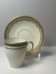 Limoges France Greek key pattern Pink Floral Elite Cup & Saucer - Picture 1 of 7
