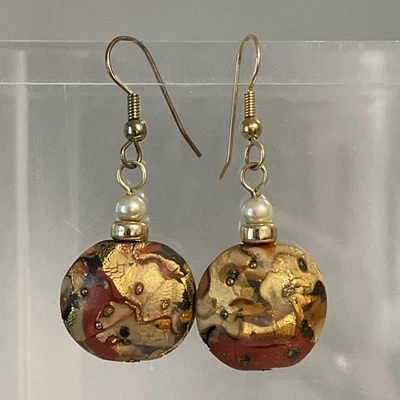 Enamel Round Dangle Earrings Pearl Gold Bead Artsy Drop Earrings - Image 1 of 4