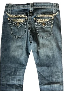 ZIPPER PREMIUM Jeans Blue Denim W/ White Leather Feather Pocket Sz 7 Embellished - Picture 1 of 18