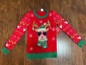 new HOLIDAY TIME girl's CHRISTMAS SWEATER sz 6-6x red reindeer sequin pullover - Picture 1 of 4