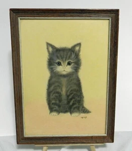 Vintage 1972 10x14" Framed Adorable Kitten Cat Black White Drawing Framed Print - Picture 1 of 7