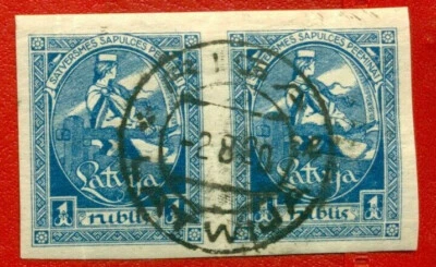 LATVIA LETTLAND 1 RUBLES 1920 PAIR IMPERF. SC 71b USED 998 - Image 1 of 2