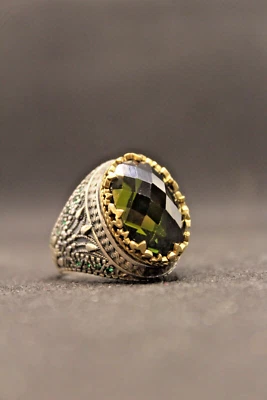 Anel masculino de prata esterlina 925 com pedra de zircão verde feito à mão turco - Imagem 1 de 4