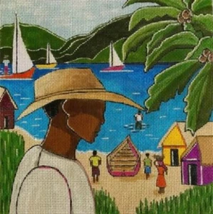 Needlepoint Handpainted Purple Palm Fishermen 10x10 - Picture 1 of 4