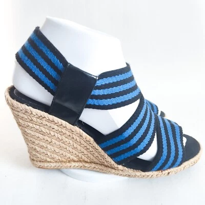 Tahari Espadrille Platform Wedges Ankle Strap Blue Black Stripe Sandals Size 7.5 - Image 1 of 4