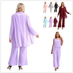 Womens Chiffon Pants Suits Cardigan with Tank Top for Wedding Guest Party UK - Picture 1 of 87