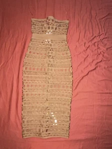 NWT House of CB SEXY Tube Beige Lace Dress XS Gold 2 Ways Zipper - Picture 1 of 12