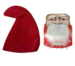 Adults Red Gnome Dwarf Hat Beard & Eyebrows Fancy Dress Santa Dwarves Stag Party - Picture 1 of 1