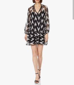 Rachel Zoe Damen Seide Carolina Schlupfkleid Größe Medium schwarz weiß Ikat Design - Bild 1 von 10