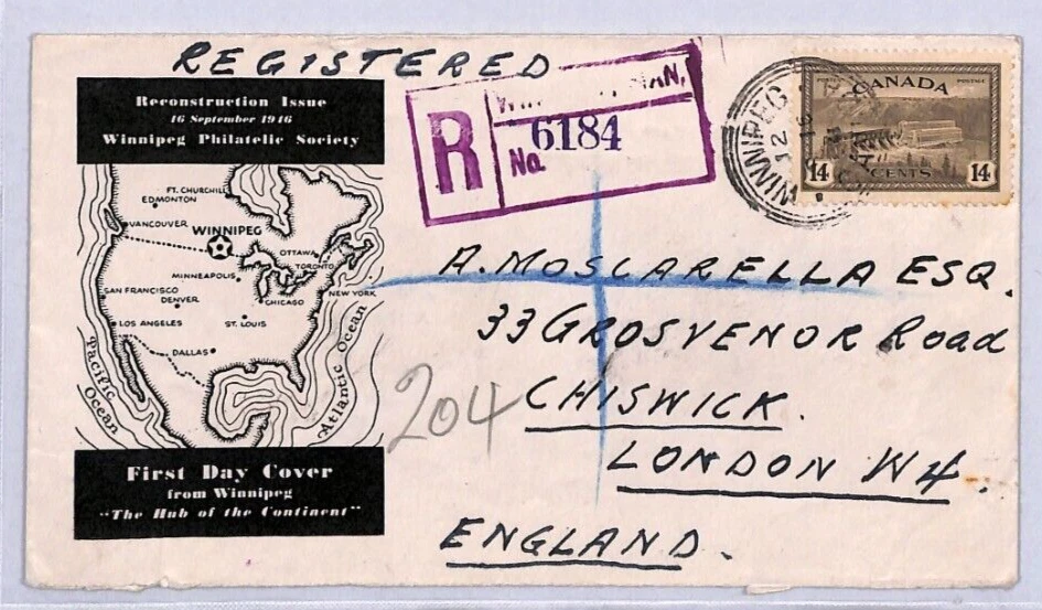 CANADA 1946 FDC Re-Construction 14c ILLUSTRATED Winnipeg First Day Cover YN89 - Image 1 of 4
