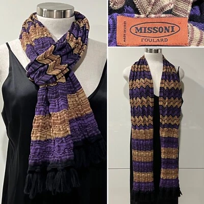 MISSONI Italia Púrpura/Tostado Lana Tejido Zig Zag Rayas, Borlas Bufanda 24x182cm Foto 1 de 4