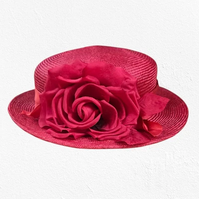Sombrero Derby De Paja Rojo Vintage Años 90 con Acento Rosa Grande Ala Ancha Estilo Formal Foto 1 de 4