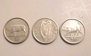 2000 Ireland 5 Pence Coins, Lot of 3, Bull & Irish Harp - Picture 1 of 3