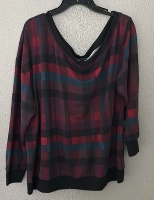 Torrid Off-Shoulder Light Weight French Terry Sweatshirt Women’s Plus 1X Plaid - Image 1 of 4