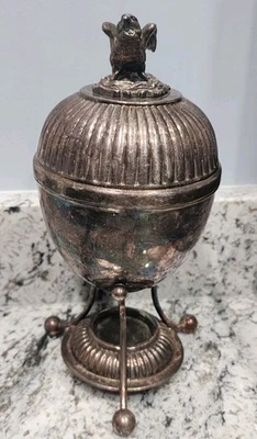 Antique silver plated Walker & Hall egg coddler / warmer with bird / birds nest - Image 1 of 4