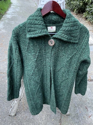 Cárdigan Suéter Carraigdonn Lana Irlandesa Tejido con Cable Aran 1 Botón Verde Cuello S Foto 1 de 4