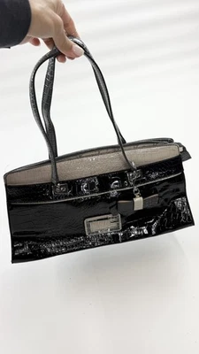 Guess Shoulder Bag Womens One Size Black Croc Patent Tote Satchel Bow G Logo - Image 1 of 4