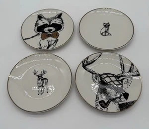 American Atelier 6” Appetizer Plates Raccoon Deer Smoking Pipe Set Of 4 - Picture 1 of 4