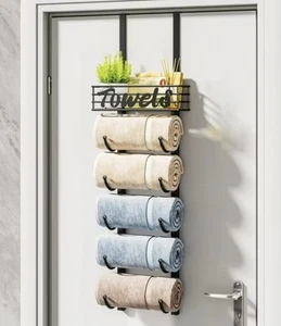 Toallero montado en la pared de 6 niveles sobre la puerta con estante de metal negro - Imagen 1 de 6