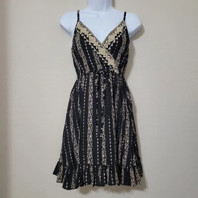 Angie Black Floral Fit & Flare Bohemian Sleeveless Dress Womens Sz S Waist Tie - Image 1 of 4