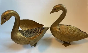 Pair Spanish Gilt Metal Cygnet Geese Form Vases w/ removable flower frog basket - Picture 1 of 16