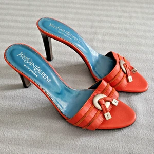 Yves Saunt Laurent RiveGauche Orange Leather 3.5” Heel Sandal 38.5/ 5.5 UK - Picture 1 of 12