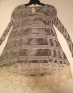 NEW Blu Pepper Black Striped Top Women's Size Small Medium or Large Crochet Lace - Picture 1 of 9