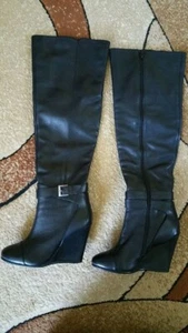 Kelsi Dagger Black Hattie Over the Knee High Leather Wedge Boots Size 6 - Picture 1 of 11