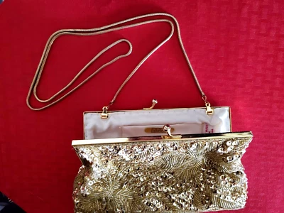 Vintage Purse GOLD Carla Marchi sequins Clutch Crossbody Metal Frame Bag - Image 1 of 4