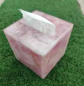 Pink Rose Quartz Tissue Box, Natural Stone Napkin Cover Box For Father day Gifts - Picture 1 of 6