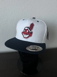 RETRO THROWBACK CLASSIC CHIEF WAHOO LOGO INDIANS WHITE & NAVY BLUE SNAPBACK HAT - Picture 1 of 6
