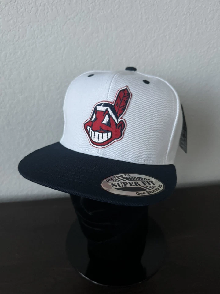 RETRO THROWBACK CLASSIC CHIEF WAHOO LOGO INDIANS WHITE & NAVY BLUE SNAPBACK HAT - Image 1 of 4