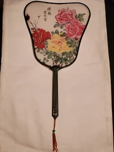 Vintage Chinese Paddle Fan Multicolor Oriental Floral Flower Design Handheld - Picture 1 of 9