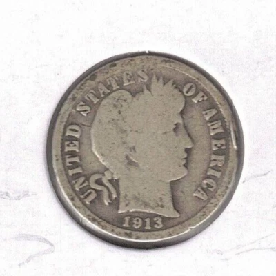 1913 Philadelphia Barber Circulated Dime 10 Cents Silver Coin! (#1) - Image 1 of 2