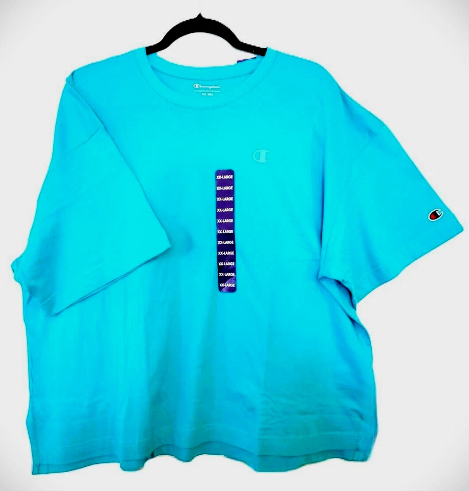 Champion Aqua Blue Workout TShirt XXL Logo Cotton Short Sleeve Crewneck Tee