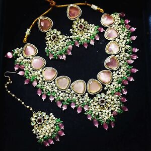 Gold Plated Choker Bridal Kundan Ethnic Jewelry Pink Necklace Earrings Tikka Set