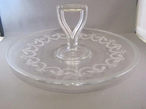 Elegant Etched Crystal Sandwich Cake Center Handled Server Drape Pattern Vtg - Picture 1 of 5
