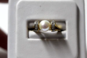 Conjunto de anillo de perlas de agua dulce en oro amarillo de 14 quilates vermeil y circón cúbico nuevo sin etiquetas $249,99 - Imagen 1 de 7