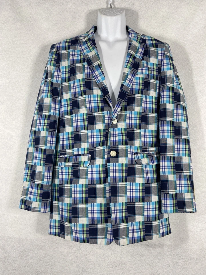 Izod Blazer Mens 20R Blue Gray Sport Coat Patchwork 100% Cotton Chest 40” - Image 1 of 4