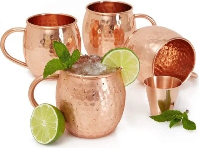 Mug En Cuivre Pur Moscow Mule Avantages Ayurvédiques 4 Mugs Avec 2 Verres À Shot - Photo 1/4