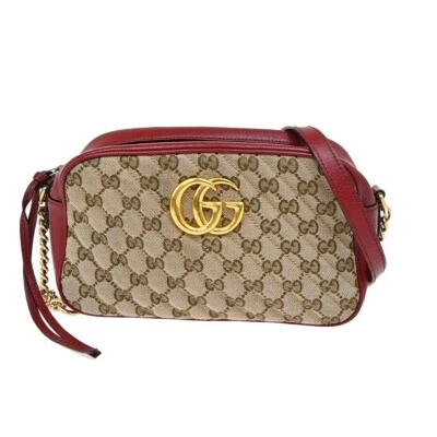 GUCCI Marmont GG Pattern Chain Shoulder Bag Canvas Leather Brown Red 25FB742 - Image 1 of 4