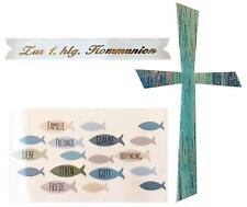 Wachsdekore Kommunion 3 tlg. Kreuz blau, Wachsbild Fische blau, Schriftzug 
