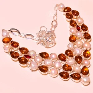 Baltic Amber & MOP Gemstone Necklace 925 Sterling Silver Handmade Jewelry 17-18 - Picture 1 of 6