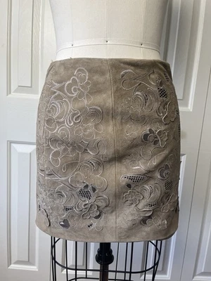 Minifalda Elie Tahari cuero gamuza genuino recorte beige tostado nueva con etiquetas $598 Foto 1 de 4