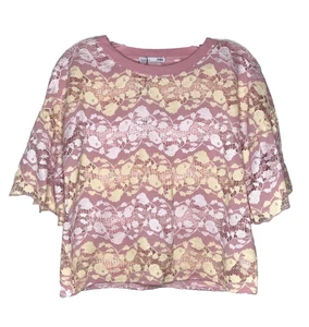 ZARA Womens Lace Cropped Top Small Pink White Cream Yellow  Short Bell Sleeve - Picture 1 of 12