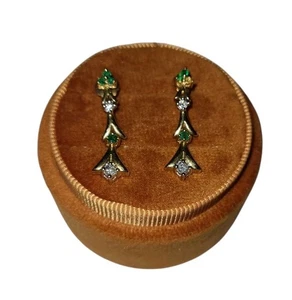 14 K Yellow Gold Earrings Emeralds & Diamonds 3.08 Grams Beautiful  - Picture 1 of 5