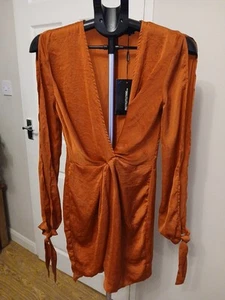 Pretty Little Thing Satin Twist Front Open Sleeve Wrap Dress Rust Size 10 - Picture 1 of 15