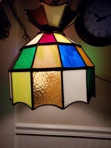 Vintage Stained Glass Retro Hanging Swag Light Multicolor 12" wide, 12" high - Picture 1 of 15